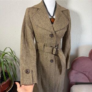 Vintage Y2K Wool Merona Tan Herringbone Trench Coat